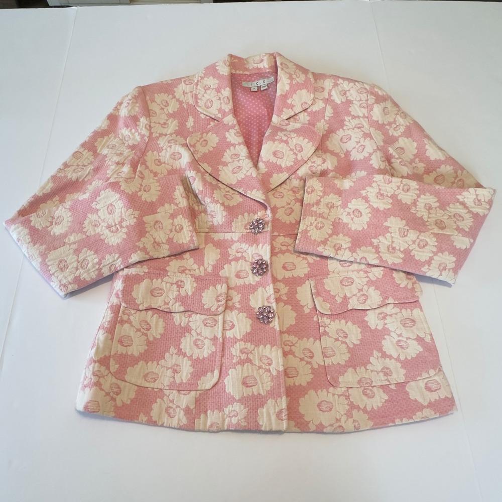 ICE Pink Floral Cotton Jacquard Blazer Rhinestone Buttons Polka Dot Lining 6‎